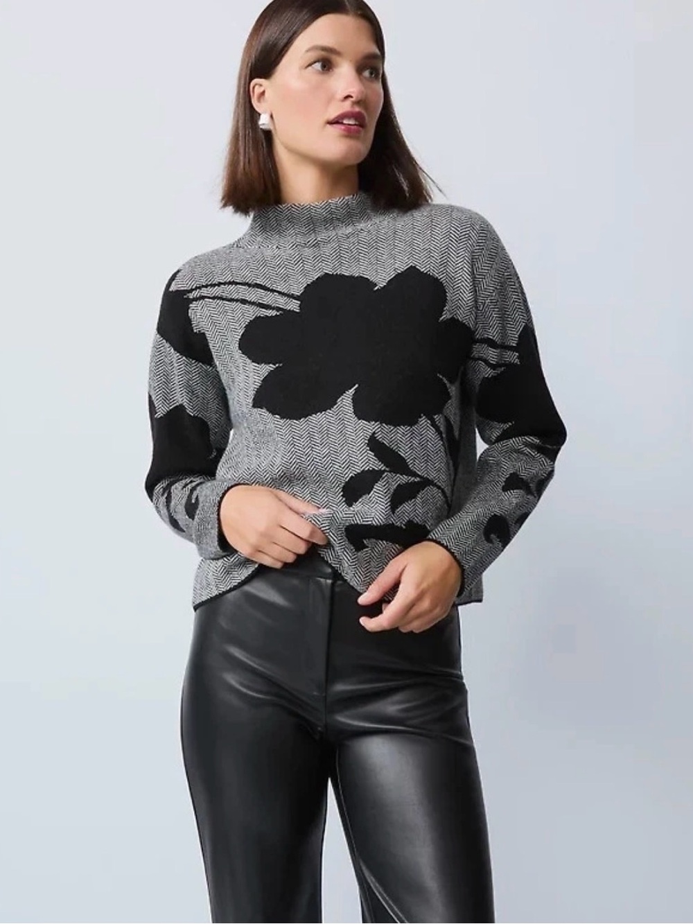 Ann Taylor Grey and Black Floral Mock Neck Sweater NWT
